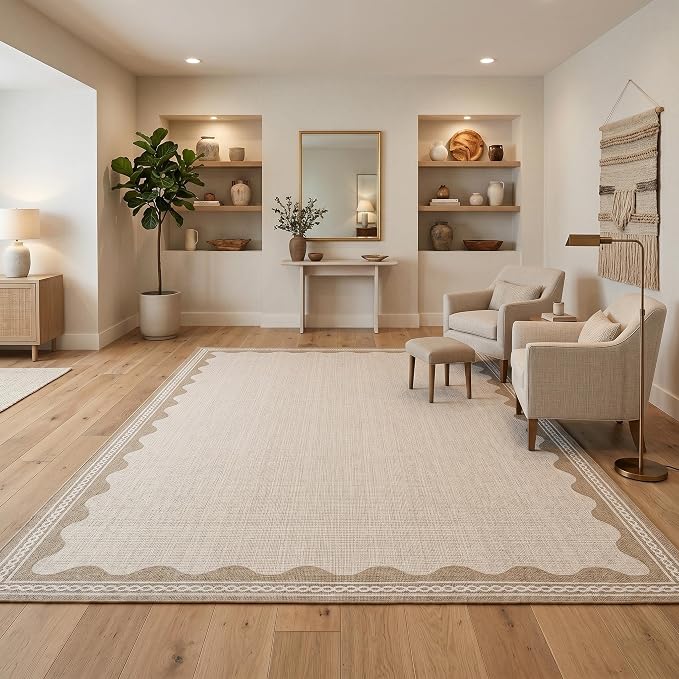 Garvee Large Washable Rug 9x12 Modern Indoor Living Room Rug Non Slip Beige | Stain-Resistant Low Pile Floor Cover Ultra Soft Foldable Bordered Print Carpet for Bedroom Nursery Office Dorm Kids Room
