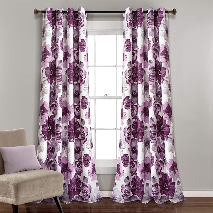 Lush Decor Leah Light Filtering Window Curtain Panels, Pair, 52" W x 95" L, Purple & Gray - Floral Drapes for Bedroom - Purple Curtains -Farmhouse Decor