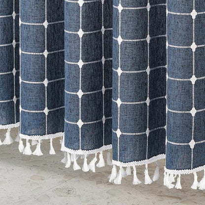MitoVilla Navy Blue 72 x 78 Farmhouse Shower Curtain, Boho 78 inch Long Polyester Linen Tassel Fabric Shower Curtain Set for Chic Cottagecore French Rustic Bathroom Decor