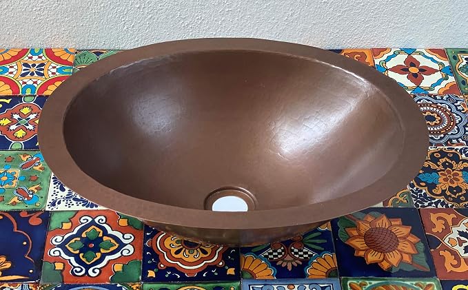 16" x 13" Oval Copper Bathroom Sink Mexican Copper Bath Sink Pure Copper Hand Hammered Dual Mount Brown CPS02