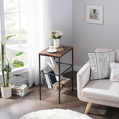 VECELO Tall End Table with Metal Basket,Nightstand with Shelf Storage Organizer, Wood Night Stand with Metal Frame, Waterproof for Bedroom, Living Room, Bathroom