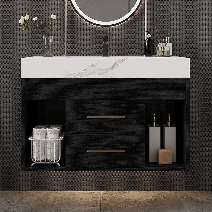 30 inch Modern Floating Bathroom Vanity with Sink, Wall Mounted Bathroom Cabinet with Undermount Ceramic Sink, Sintered Stone Countertop, 2 Soft Closing Drawers & Open Storage Shelf, Black