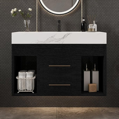 30 inch Modern Floating Bathroom Vanity with Sink, Wall Mounted Bathroom Cabinet with Undermount Ceramic Sink, Sintered Stone Countertop, 2 Soft Closing Drawers & Open Storage Shelf, Black