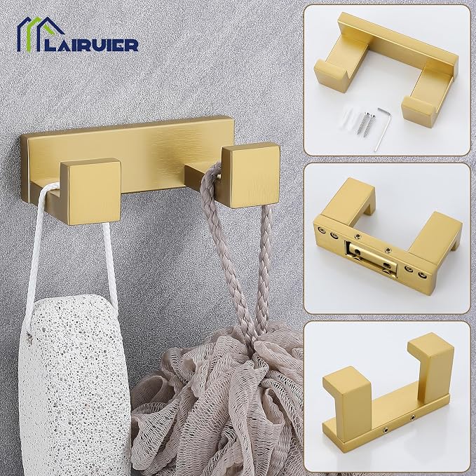 Brushed Gold Bathroom Accessories, Toilet Paper Holder, Towel Bar and Hook | Lairuier 3 Pieces Bathroom Hardware Set, SUS304 Stainless Steel Towel Holder Set Toilet Paper Holder Robe Hook Wall Mounted