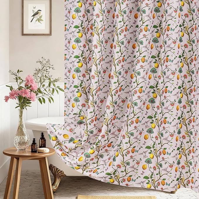 Pink Floral Bird Shower Curtain 72x72, Hummingbird and Lemon Botanical Fabric Bath Curtains, Lightweight Quick-Dry Bathroom Decor Set with Hooks