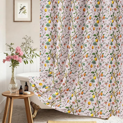 Pink Floral Bird Shower Curtain 72x72, Hummingbird and Lemon Botanical Fabric Bath Curtains, Lightweight Quick-Dry Bathroom Decor Set with Hooks