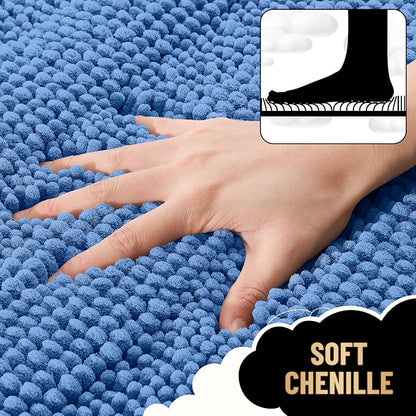 OLANLY Thick Toilet Rugs U-Shaped 24x20, Chenille Bath Mat, Cornflower Blue | Extra soft Absorbent Striped Contour Bathroom Rugs for Toilet, Dry Quickly, Machine Washable, Non-Slip