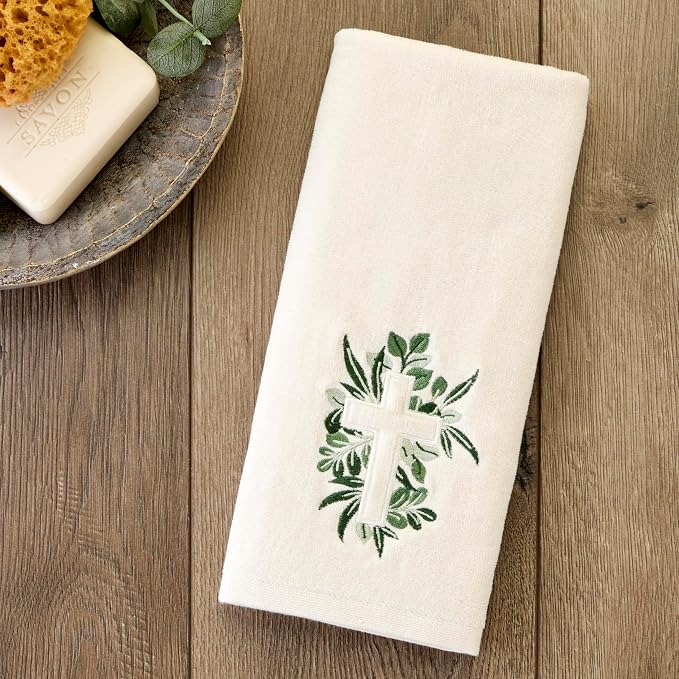SKL Home Cross with Greenery Hand Towel Set-2pc, Embroidered, Natural | 100% Cotton. Soft, decorative velour. For use in the bathroom, kitchen, or any sink space & makes a great gift.