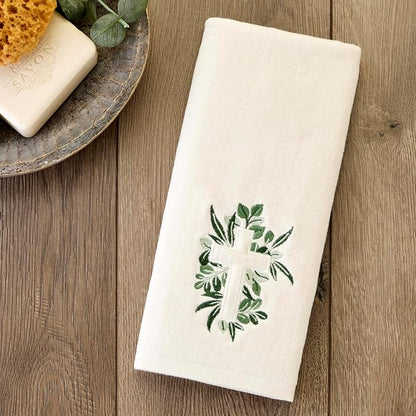 SKL Home Cross with Greenery Hand Towel Set-2pc, Embroidered, Natural | 100% Cotton. Soft, decorative velour. For use in the bathroom, kitchen, or any sink space & makes a great gift.