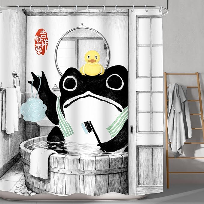 Funny Frog Traditional Asian Japanese Rubber Bathroom Shower Curtain Set | 71Wx71H Duck Wooden waterproof HD print, quick-dry fabric, and 12 hooks for easy setup