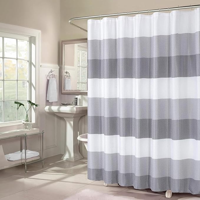 Dainty Home Ombre Waffle Weave Shower Curtain 70 x 72 Grey Textured Fabric Shower Curtain, Hotel Style Waffle Weave Bathroom Curtain, Water Resistant Polyester Ombre Shower Curtain
