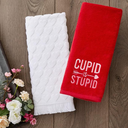 SKL Home Heart Jacquard Hand Towel Set-2pc, 100% Turkish Cotton, White | Soft & textured with fringed hem. For use in the bathroom, kitchen or bar. Great for Valentine's Day & year-round décor.