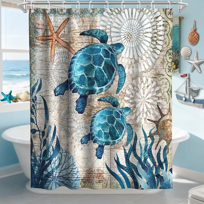 Nautical Beach Ocean Shower Curtain, Cute Tropical Coastal Sea Turtles Shower Curtains for Bathroom, Waterproof Bath Curtain with Hooks Machine Washable Bathtub Curtains 60x72 Inch Blue Teal