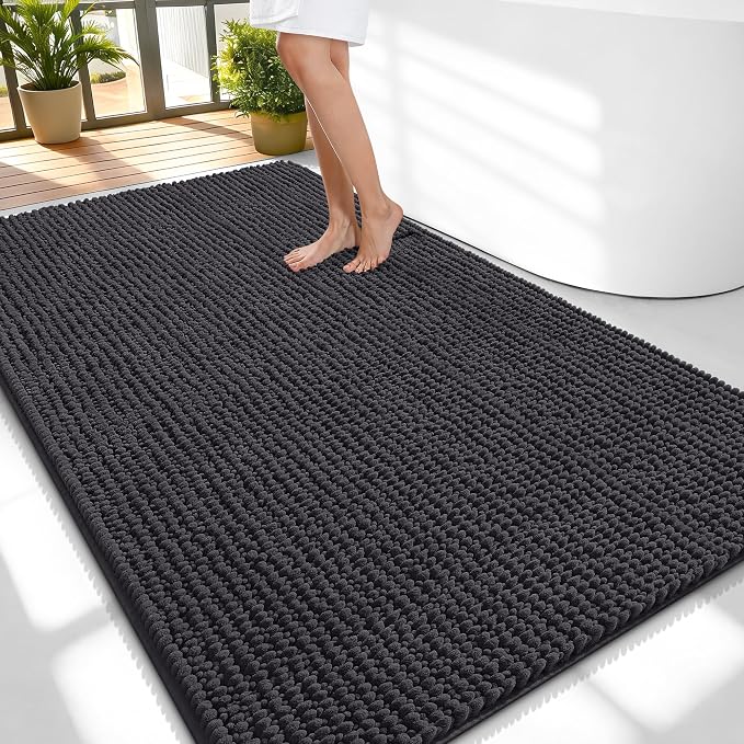 OLANLY Thick Chenille Large Bathroom Rugs Mats 59x35, Dark Grey | Soft Absorbent Bath Rugs, Rubber Backing, Machine Wash Dry, Bath Mats for Bathroom, Tub and Shower, Home Decor Accessories