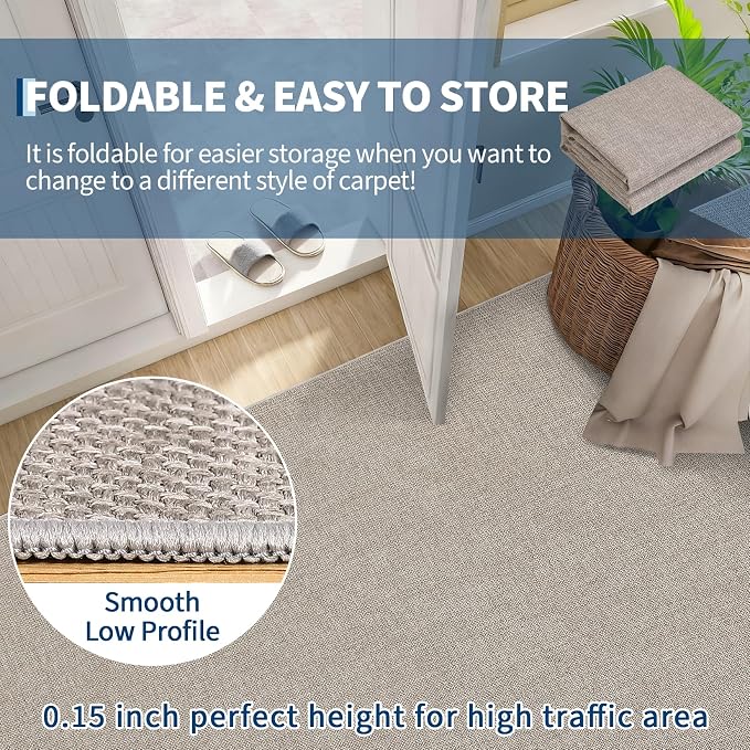 Garvee Large Washable Rug 9x12 Modern Solid Rugs for Living Room Taupe | Non Slip Woven Textured Bedroom Rug Ultra-Thin Non-Shedding Farmhouse Carpet Neutral Foldable Throw Rugs for Bedroom Office