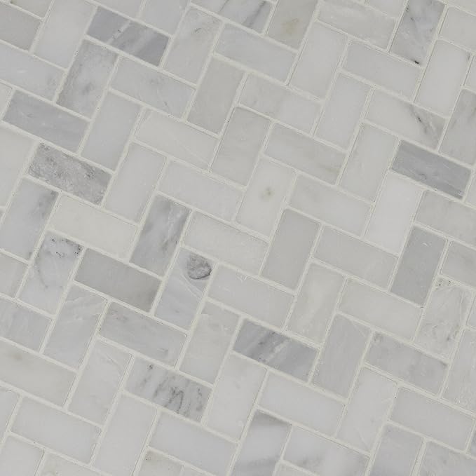 MSI Arabescato Carrara Herringbone Honed Marble Tile for Kitchen Backsplash, Wall Tile for Bathroom, Accent Wall Tile, and Shower Wall Tile, 11.63 in. X 11.63 in. Mesh-Mounted Mosaic Tile