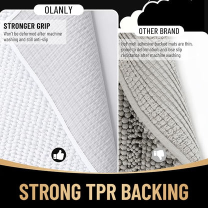 OLANLY Thick Chenille Bathroom Runner Rugs 59x20, Absorbent Bath Mat, White | Soft Bath Rugs, Rubber Backing, Machine Wash Dry, Bath Mats for Bathroom, Tub and Shower, Home Decor Accessories