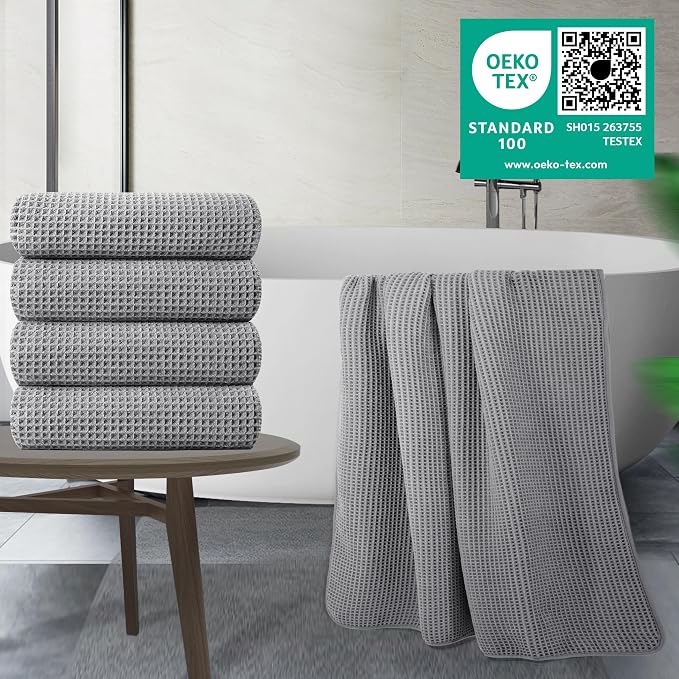 POLYTE 430 GSM Poly Blend Microfiber Quick Dry Waffle Bath Towel, 30x60 in | 4 Pack, Oversize, Lint Free, Body Towel