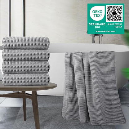 POLYTE 430 GSM Poly Blend Microfiber Quick Dry Waffle Bath Towel, 30x60 in | 4 Pack, Oversize, Lint Free, Body Towel