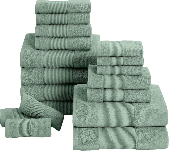 Modern Threads Air Cloud 18-Piece Towel Set - 100% Zero-Twist Cotton, 500 GSM, Quick Dry & Plush, Eucalyptus