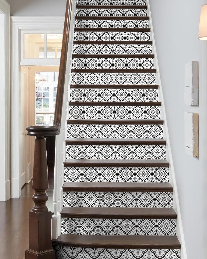 FLFK Black Patterns Stair Stickers - Set of 15, Peel and Stick Stair Riser Decals, 39.3"x7.08"