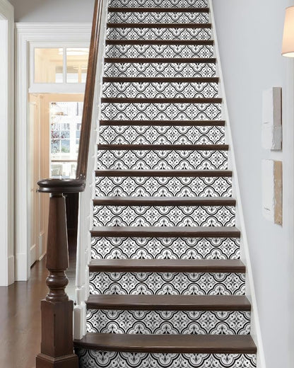 FLFK Black Patterns Stair Stickers - Set of 15, Peel and Stick Stair Riser Decals, 39.3"x7.08"