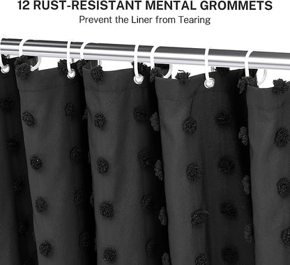 Extra Long Black Boho Shower Curtain Woven Fabric Cute Shower Curtain, 72 x 96 Tufted Pleat Floral Textured Modern Farmhouse Minimalist Shower Curtain Set with Hooks for Bathroom