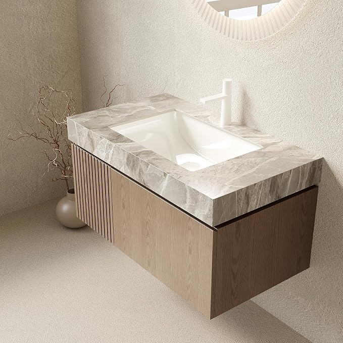 KEIKI 36 Inch Floating Bathroom Vanity with Sink, Light Brown & Grey | Modern Wall Mounted Storage Cabinet w/ Drawer & Door, Pre-assembled Wood Panels, Sintered Stone Top & Ceramic Basin Combo Set