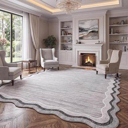 Garvee Grey Scalloped Rugs 5x7 Washable Area Rugs for Bedroom | Scalloped Rug 5x7, Girls Room Rug, Stain Resistant Solid Rugs for Bedroom Kids Room, Scalloped Low Pile Non-Slip Neutral Rugs