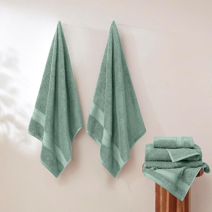 Modern Threads - Spun Loft 6-Piece 100% Combed Cotton Towel Set - Bath Towels, Hand Towels, & Washcloths - Super Absorbent & Quick Dry - 600 GSM - Soft & Plush, Eucalyptus
