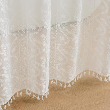 WAZZIO White Lace Shower Curtain - Vintage Pretty Flower Sheer Shower Curtains, Elegant Decorative Tassel Bath Curtains for Bathroom, 72 x 84 Inch, 1 Piece