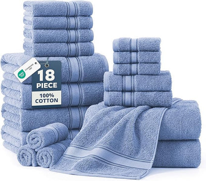 LANE LINEN Towel Set Quick Dry 100% Cotton 18 Piece Soft Absorbent - Allure | Oeko-Tex Bath Towels - Zero-Twist Durability, Terry Weave Comfort, Long-Lasting Comfort, Hotel-Style Look