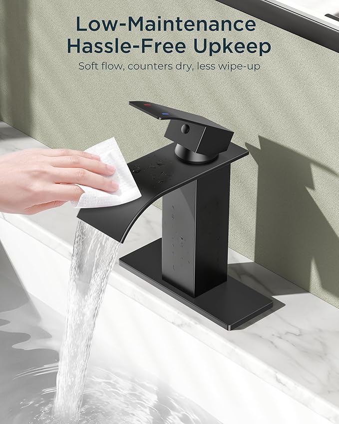 FORIOUS Bathroom Faucet 1 Hole, Waterfall Vanity Sink Faucet Matte Black | Bathroom Sink Faucet 1 or 3 Hole, Square Single Handle with 24" cUPC Supply Line and Pop-up Drain, Fits RV Restroom Basin