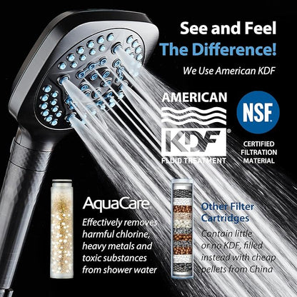 AquaCare 4X 10-Mode High Pressure Hand Shower w/Filter & 2-mode Power Wash | Filters Chlorine & Toxins, Softens Hard Water for Healthy Skin & Hair. Handheld Power Head Cleans Tub, Tile & Pets / Bronze