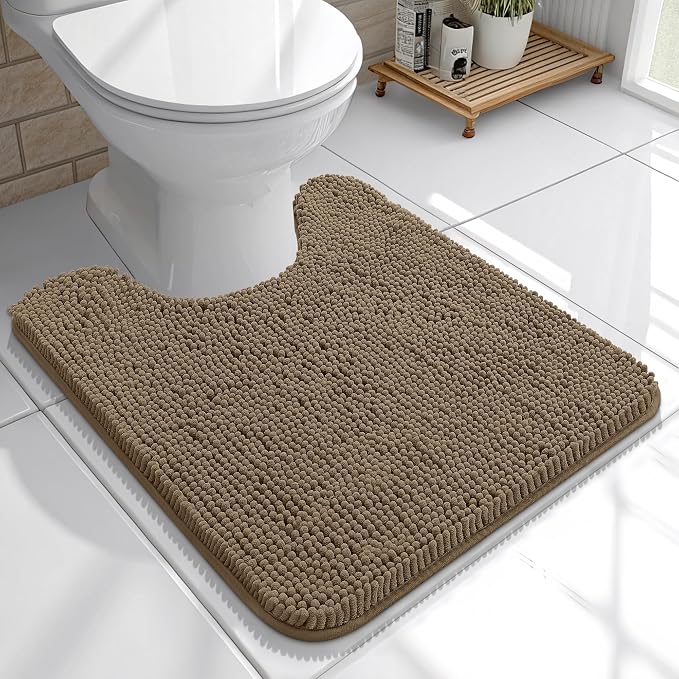 OLANLY Toilet Rugs U-Shaped 20x20, Soft Absorbent Chenille Contour Rugs | Tan, Quick-Drying Rubber Backing, Machine Washable Non-Slip Shaggy Bathroom Mat for Toilet, Home Decor Accessories