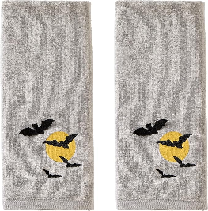SKL Home Halloween Full Moon Flight Hand Towel Set-2pc, 100% Cotton, Gray | Soft, embroidered velour with 3D applique. Great for the bathroom, kitchen or bar & holiday gifting.