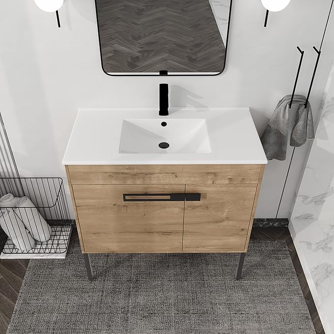 36 Inch Bathroom Vanity with Sink, Modern Freestanding Bathroom Vanity Set, Brown Vanity, Soft-Closing Door and Thick Edge Ceramic Basin - 36" (IMO, 36inch)
