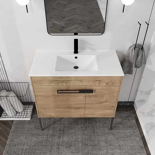 36 Inch Bathroom Vanity with Sink, Modern Freestanding Bathroom Vanity Set, Brown Vanity, Soft-Closing Door and Thick Edge Ceramic Basin - 36" (IMO, 36inch)