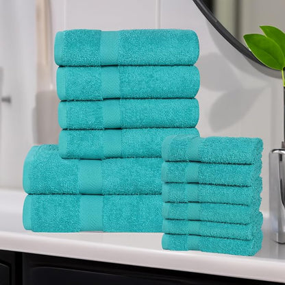 Superior 12-Piece Cotton Assorted Towel Set, Includes 6 Face Towel, 4 Hand, and 2 Bath Towels, Home, Bathroom, Guest Bath Essentials, Quick Dry, Absorbent, Franklin Collection - Turquoise