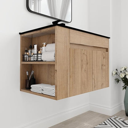 30 Inch Bathroom Vanity with White Sink Combo, Wall-Mounted Bathroom Vanity 2 Door&Adjustable Shelf,Modern Floating Bathroom Cabinet with Black Top Basin & Storage Cabinet,Brown