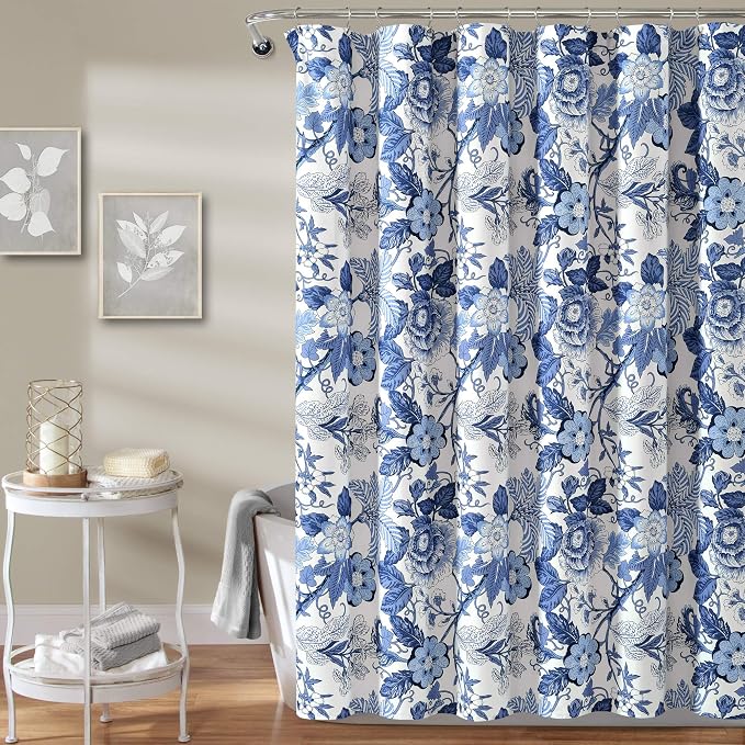 Lush Decor Sydney Floral Shower Curtain, 72" W x 72" L, Navy & White - Fabric Shower Curtains - Cottage Core Decor - Colorful Floral Print - Cute Bathroom Curtain