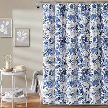 Lush Decor Sydney Floral Shower Curtain, 72" W x 72" L, Navy & White - Fabric Shower Curtains - Cottage Core Decor - Colorful Floral Print - Cute Bathroom Curtain