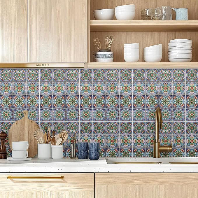 36 Pcs 4 Styles Retro Floral Patten Tile Sticker Imitation 3D Relief Patten Wall Tile Stickers Waterproof Self Adhesive Stick on Decals for Kitchen Bathroom Wall 4×4 Inch