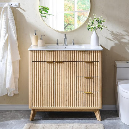 T4TREAM 36" Fluted Bathroom Vanity with Ceramic Sink Combo，Freestanding Modern Bathroom Storage Vanity Cabinet with 2 Soft Closing Doors & 3 Drawers，Wood Grain Texture，Metal Handle，Natural Oak