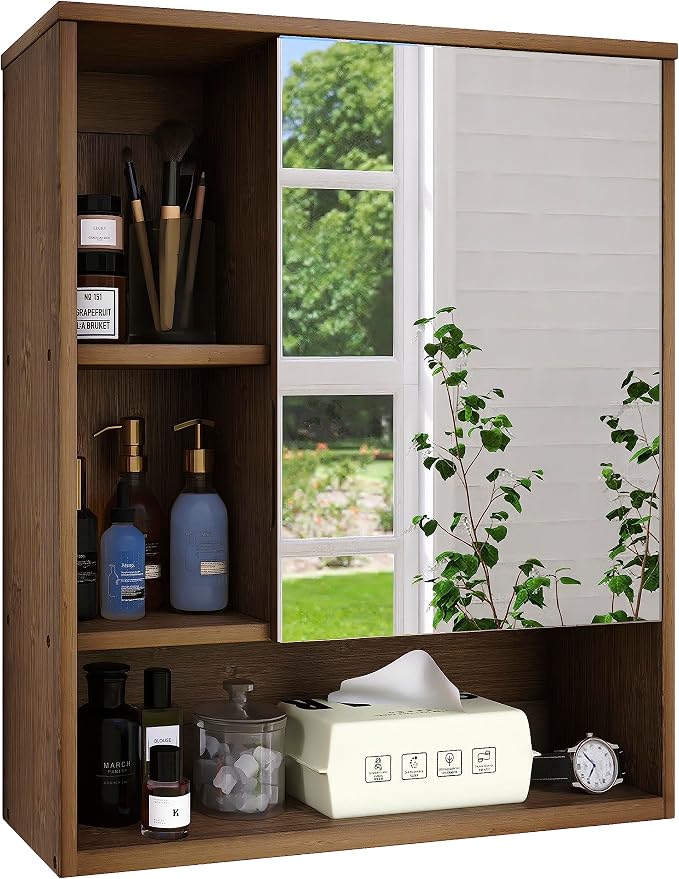 SMIBUY Bathroom Mirror Cabinet Wall Mounted, Bamboo Space Saver Medicine Cabinet, Wall Hanging Over Toilet Storage Cabinet with Mirror Door and Adjustable Shelf (Walnut)