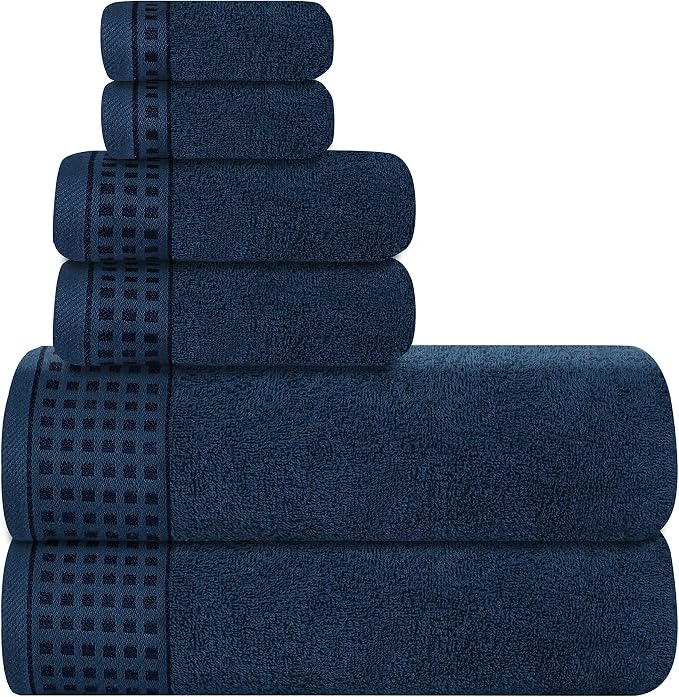 GLAMBURG 100% Cotton Ultra Soft 6 Pack Towel Set, Contains 2 Bath Towels 28x55 Inches, 2 Hand Towels 16x24 Inches & 2 Wash Coths 12x12 Inches, Compact Absorbent Lightweight & Quickdry - Mineral Blue