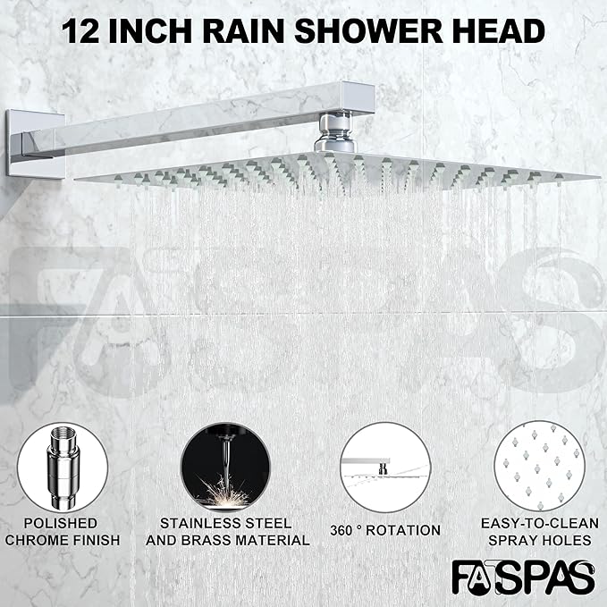 Shower System with Tub Spout, 12-Inch High-Pressure Rain Showerhead and Handheld Combo, Polished Chrome Shower Faucet Set with Rough-in Valve and Trim, Wall Mounted 3-Way Shower Set
