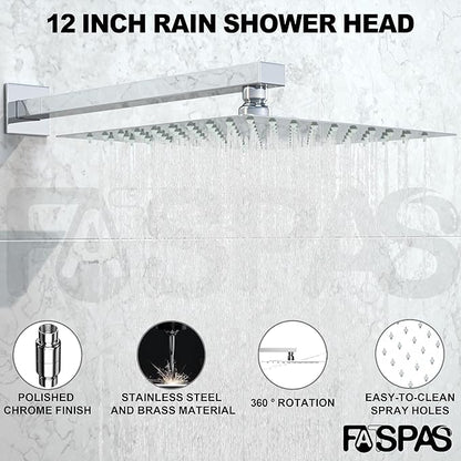 Shower System with Tub Spout, 12-Inch High-Pressure Rain Showerhead and Handheld Combo, Polished Chrome Shower Faucet Set with Rough-in Valve and Trim, Wall Mounted 3-Way Shower Set