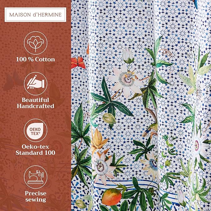 Maison d' Hermine Shower Curtain 100% Cotton One Panel 70"x72" Washable Fabric Shower Curtains for Bathroom, Easy Hanging with 12 Button Holes - Home Hotel Spa Easter Gifts (Passiflora)