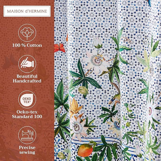 Maison d' Hermine Shower Curtain 100% Cotton One Panel 70"x72" Washable Fabric Shower Curtains for Bathroom, Easy Hanging with 12 Button Holes - Home Hotel Spa Easter Gifts (Passiflora)